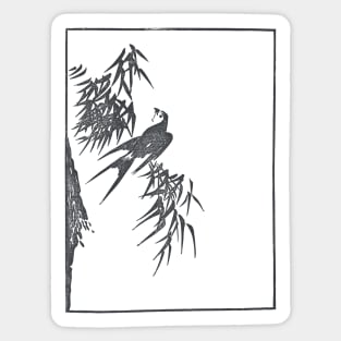 Retro Vintage, Swallow And Willow Tree, Japanese Aesthetic, Black Sticker